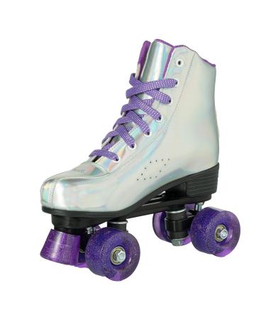 YYW Roller Skate for Women Men Light up Wheel: Double Roller Skater High-top PU Leather Roller Skate Shoes Adjustable PU Roller Skates with Four Piles for Adult Girls Beginners 40-US Woman 9 Purple Glossy Flash