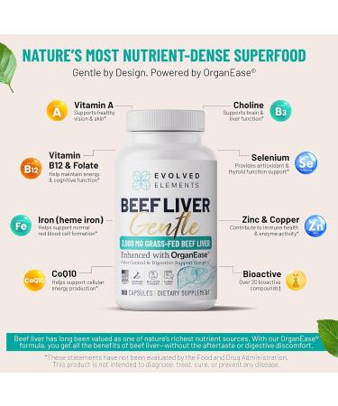 Evolved Elements Beef Liver Gentle New Zealand Grass-Fed Grass-Finished Desiccated Beef Liver Supplement with OrganEase for Odor-Neutral Smooth Digestion Clean Taste 3 000 mg 180 Capsules - Buy Online on GoSupps.com
