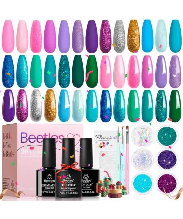Beetles Mermaid Mantra 20 Colors Gel Nail Polish Set Soak off Glitter Pink Purple Blue Green Gel Polish Gel Base Top Coat Nail Brushes 6 Pcs Glitter Mermaid Stickers Nails