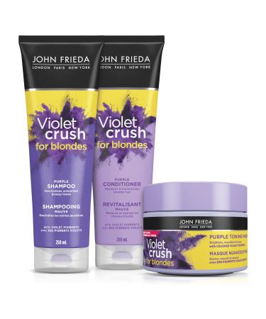 John Frieda Violet Crush for Blondes Brass Fighting Trio | Daily Purple Shampoo and Conditioner Set and Purple Masque for Brass Toning of natural colour-treated and platinum blonde hair