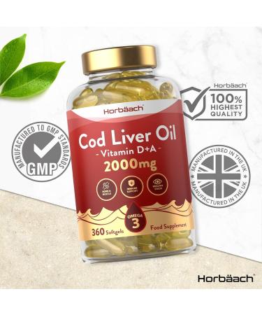 Cod Liver Oil Capsules High Strength | 2000mg | 360 Count | with Omega 3 Vitamin D and A | with 180mg of DHA and 130mg of EPA | by Horbaach - Buy Online on GoSupps.com