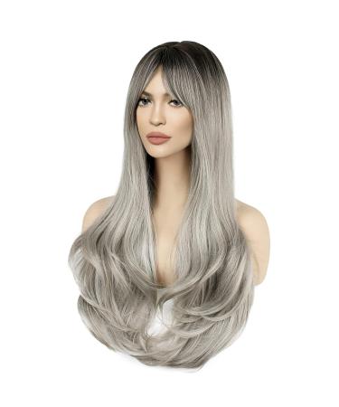 Faelbaty Long Curls Silver-Gray Wig | Ombre Brown to Gray | Natural Look | Ideal for Women & Girls - Party & Cosplay (24 Rh6/171/gray) - Buy Online on GoSupps.com
