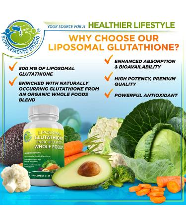 Liposomal Glutathione 500mg Supplement with Organic Whole Foods - Master Antioxidant & Detoxifier - Immune & Cardiovascular Support - 2 Month Supply - 60 Servings - Buy Online on GoSupps.com