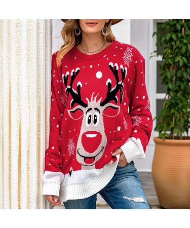 Elegant Women's Christmas Sweater - Reindeer Knitting Pattern Round Arm Winter Knitwear - Size 11 Red - Buy Online on GoSupps.com