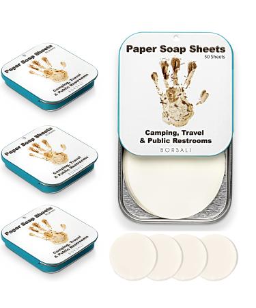 Paper Soap Sheets by Borsali; Mini Portable Travel Size Dissolvable Soap Flakes; Dry Soap Sheets For Camping, Travel, Public Restrooms; 4 Cases with 50 Sheets Each & 4 - 50 Sheet RefillsTo Go; 400 - Sheets