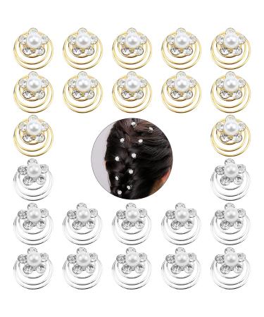 24 Pcs Spiral Hair Pins Bridal Hair Clips Crystal Pearls Swirl Hair Pins Swirl Hair Twists Coils Hair Accessories For Women Girl Wedding Bridal Party(Silver & Gold) Gold + Silver