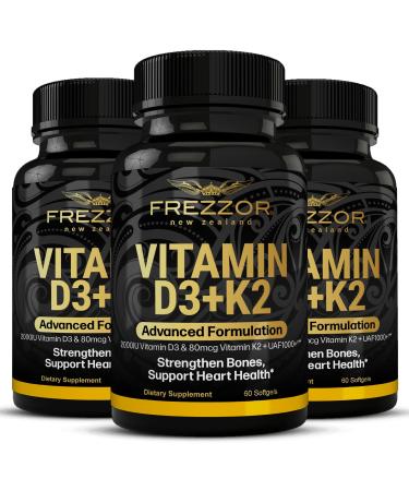 FREZZOR Vitamin D3 and K2 Caps High Potency D3 2000IU and K2 (MK7) 80mcg Unique VIT D3 from 100% New Zealand Sheep's Wool Lanolin. 180 Softgels 3 Month Supply