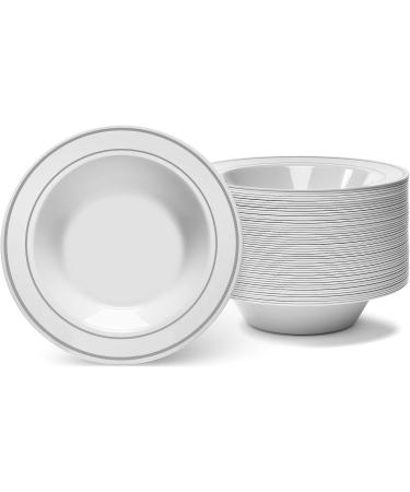 Silver Rimmed White Bowls 5oz - 50 Count - Hard Plastic - Disposable/Reusable - Dessert, Salad, Cereal, Pasta Bowls - Buy Online on GoSupps.com