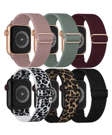 Stretchy Solo Loop Bands Compatible with Apple Watch Band 38mm 40mm 41mm 42mm 44mm 45mm, Adjustable Braided Elastic Weave Nylon Women Men Wristbands Straps for iWatch Series7/6/5/4/3/2/1/SE Black/Wine/Dark-Pink/Turquoise/Leopard/White-Leopard 38MM/40MM/41