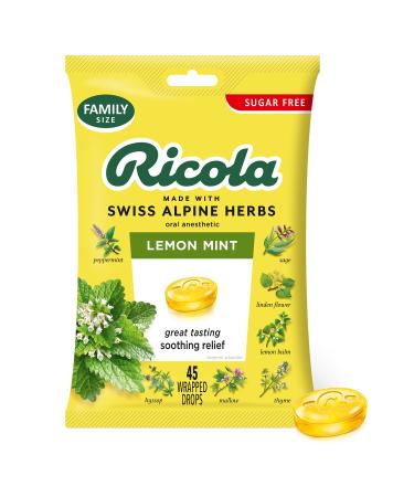 Ricola Sugar Free Lemon Mint Bag | Cough Suppressant Throat Drops | Naturally Soothing Long-Lasting Relief - 45 Count (Pack of 1)