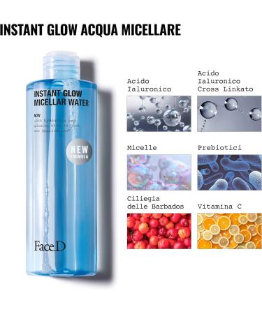 Face D | Instant Glow Micellar Water with Hyaluronic Acid for make-up removing and antioxidant action 400ml - Buy Online on GoSupps.com