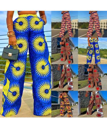 BOXIACEY Wide Leg Printed Boho Hippie Palazzo Pants | Elastic High Waist | Casual Loose Fit | Large Blue - Buy Online on GoSupps.com