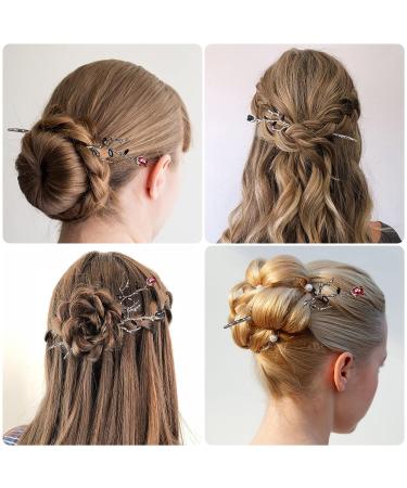 HINZIC Flower Hair Stick 2Pcs - Retro Chinese Hair Chopsticks for Bun | Wedding Hairpins for Bride Women Girls - Silver Black - Buy Online on GoSupps.com