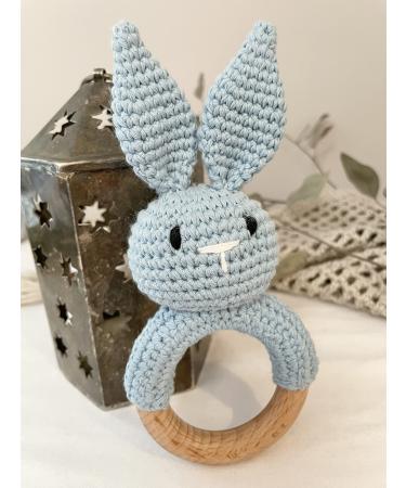 Baby Gift Rattle and Teether Toy Handmade Crochet Safe and Non-Toxic Beechwood Sensory Development for Baby Amigurumi Baby Bunny Skwish (Blue)