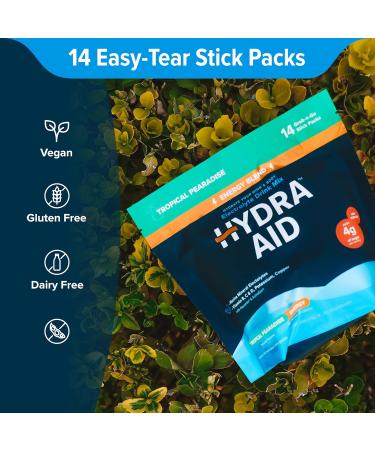 HYDRA AID Hydration Energy Powder Drink Mix | Marine-Mineral Electrolytes Vitamins B C D Low Sodium | 14 Stick Packs - Tropical Pearadise | Vegan Non-GMO Gluten Free - Buy Online on GoSupps.com