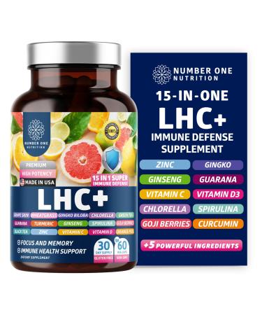 N1N LHC+ 15-in-1 Immune Support Supplement with Spirulina, Turmeric, Ginseng, Guarana, Vitamin D and Vitamin C for Immunity, Energy and Long-Haul Relief, 60 Veg Caps, Bottle Color May Vary