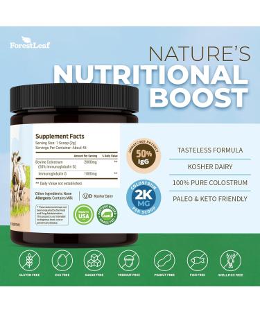 ForestLeaf Colostrum Powder 50% IgG Highest Pure Concentration Grass Fed Colostrum Supplement for Gut Health Immune Support and Muscle Recovery Bovine Colostrum for Humans Unflavored 45 Servings 3.2 Ounce (Pack of 1) - Buy Online on GoSupps.com