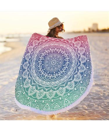 Oversize Round Mandala Beach Towel Blanket, Circle Microfiber Bohemian Boho Quick Dry Super Water Absorbent Towel, Hippy Gypsy Yoga Mat Picnic Table Mediation Throw Tapestry with Tassel Ultra,59 Green Pink Mandala Beach Towel