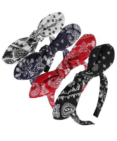 Lvyeer 4 Pack Bandana Headbands for Women Bow Headbands for Women Paisley Print Bowknot Headband Rabbit ear Headwrap Cute Hairband Hair Accessories for Women and Girls (Style1 (White Red Navy blue Black))