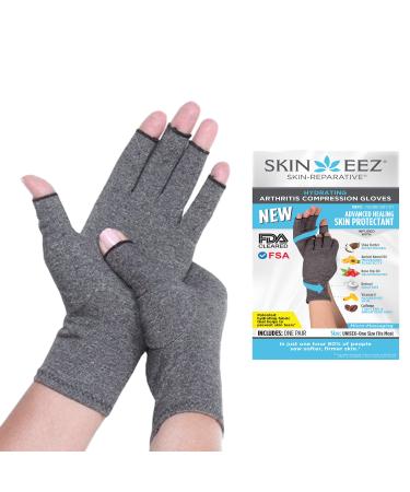 Skineez Compression Gloves Medical Grade Compression with Fingerless Design Provides Support & Pain Relief for Arthritis Carpal Tunnel & Tendonitis Moisturizing Benefits Gray One Size 1 Pair
