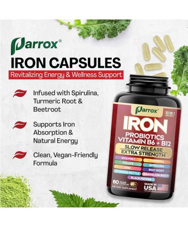 Iron Supplement with Slow Release Iron Probiotics Spirulina Turmeric Vitamin B6 B12 C Zinc Folate Beetroot Nettle Leaf Dandelion Root Black Pepper Extra Strength 60 Vegan Capsules 60 Count (Pack of 1) - Buy Online on GoSupps.com