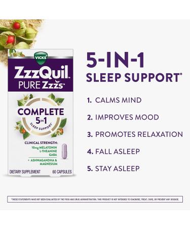 ZzzQuil Pure Zzzs Complete Sleep Melatonin 10mg L-Theanine GABA with Ashwagandha and Magnesium Melatonin Sleep Aid 60 Count - Buy Online on GoSupps.com