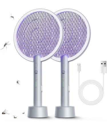 Electric Fly Swatter Racket 2 Pack, Mosiller 2 in 1 Bug Zapper with USB Rechargeable Base, 3000 Volt Indoor Outdoor Mosquito Killer with 3-Layer Safety Mesh for Pest Insect Control & Flying Trap Grey(2 Pack)