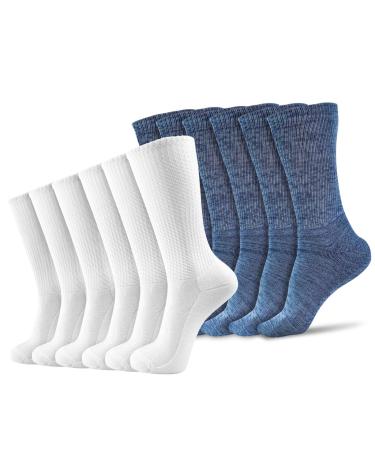 LIN Diabetic Socks for Men & Women | Extra Wide Non Binding 12 Pack Blue and White 10-13