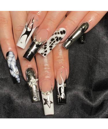 Press on Nails Long Square Fake Nails Black White French Tips Nails Press ons Glossy Glue on Acrylic Nails Full Cover Star Y2K Stick on False Nails 24Pcs G-13Black White