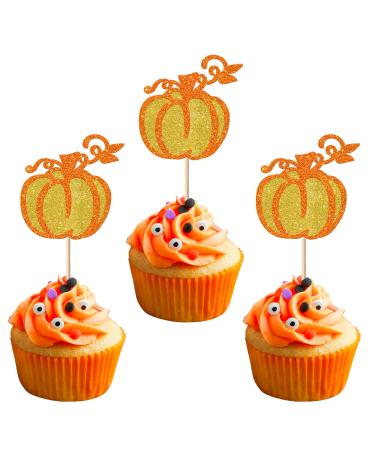 Pack of 24 Pumpkin Cake Decorations Glitter Autumn Theme Cupcake Toppers Halloween Cake Decorations for Pumpkin Theme Baby Shower Thanksgiving Birthday Party Cake Decorations Gold Gold Style4