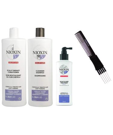 fragile hair NlOXlN System 5 LARGE STARTER KIT for Chemically Treated Hair & Light Thinning 3-piece TRIO Kit (w/ Sleek Premium Carbon Teasing Comb) Boost Fine Hair (System 5 LARGE KIT (33 oz + 33 oz + 6.7 oz))