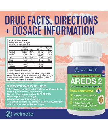 WELMATE - AREDS 2 (60 Servings) - Eye Vitamin and Mineral Supplement - Vitamin C Zinc Lutein Zeaxanthin - Macular Health - Doctor Formulated & Tested - Eye Care - Gluten Free - 120 Mini Softgels 120 Count (Pack of 1) - Buy Online on GoSupps.com