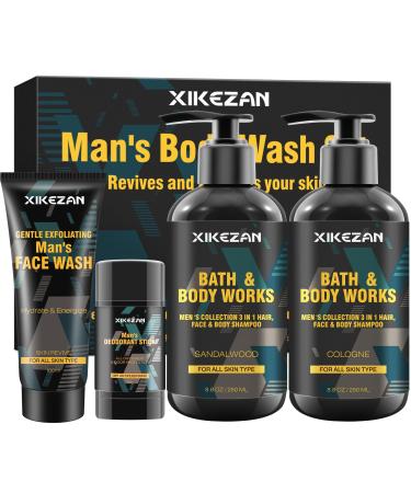 Gifts for Men Mens Body Wash Gift Set Cleansing & Hydrating Skin w/Face Wash Deodorant Sandalwood & Cologne 3 in 1 Hair Face & Body Wash Mens Stocking Stuffers Christmas Gifts for Men Him Dad Husband Black- Mens Body Care Kit