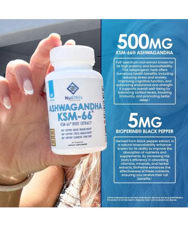 NuEthix Formulations Ashwagandha KSM 66 500mg of KSM-66 Root Extract Mood Stress & Cognitive Support BioPerine Black Pepper Extract Gluten Free Vegetarian Non-GMO & Dairy Free 60 Servings - Buy Online on GoSupps.com