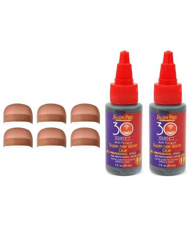 IGS 6 Pack Skin Tone Light Brown Wig Caps (Including Salon Pro 30 Second Bonding Glue 2 Pack-1 oz Each) Hair Extension Styling Wig Making Bonding Adhesive Glue Kit