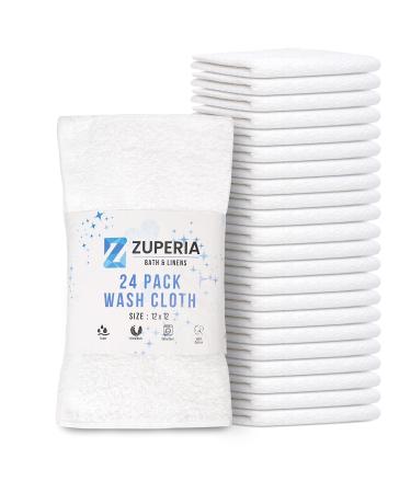 Zuperia 100% Cotton Luxury Bath Wash Cloths 24 Pack - Highly Absorbent Soft Washcloths for Face Gym Towels Hotel Spa Quality Reusable Multipurpose Towels 12 x 12 Inches (White) Pack of 24 White