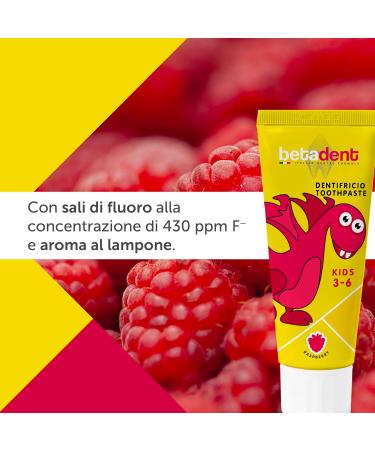  BETADENT Betadent KIT 6 KIDS TOOTHPASTE FOR CHILDREN 3-6 YEARS OLD Raspberry Flavor Anti-plaque and anti-cavity action Balanced fluoride salt dosage at a concentration of 430 ppm F. 6 x 75 ml - Buy Online on GoSupps.com