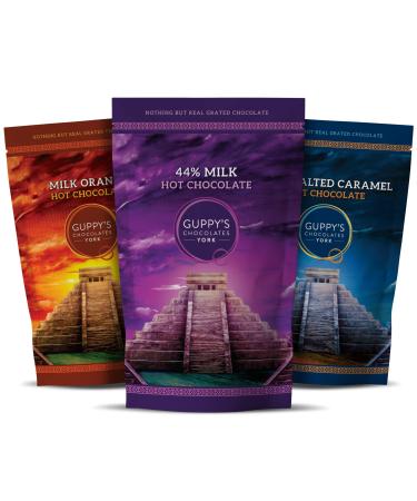 Guppy's Chocolates York | Hot Chocolate Flakes | 3 Pack | Real Grated Drinking Chocolate | Works With Velvetiser | 245g Resealable Pouch Equal To 7 Sachets per pack (Milk | Orange | Salted Caramel) - Buy Online on GoSupps.com