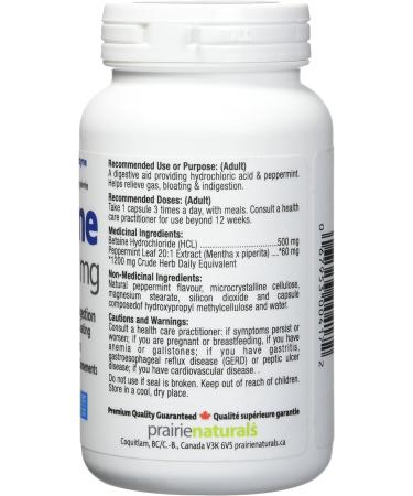 Prairie Naturals Betaine HCL 500mg VCaps - 120 Count Unflavored 120 Count (Pack of 1) - Buy Online on GoSupps.com