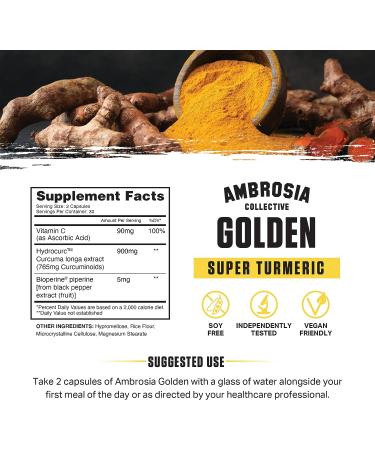 Ambrosia Golden Super Turmeric Capsules | 765mg Curcuminoids for Gut & Brain Health | Joint Support | 60 Veg Capsules - Buy Online on GoSupps.com