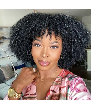 Eyelissom Afro Kinky Curly Wig With Bangs Brazilian Virgin Short Curly Human Hair Wigs for Black Women 200% Density Full Machine Made Scalp Base Top Wig Natural Color 12inch 12 Inch Natural Color