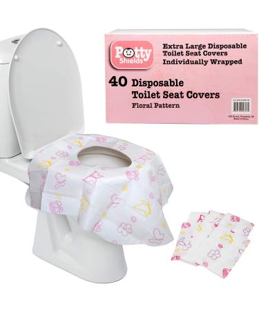 Disposable Toilet Seat Covers for Kids & Adults (40 Pack) Germ Protect from Public Toilets - Waterproof, Individually-Wrapped, Plastic Lined for No Soak Thru, XL to Cover the WHOLE Toilet -Pink/Floral 40 Count (Pack of 1) Pink / Floral