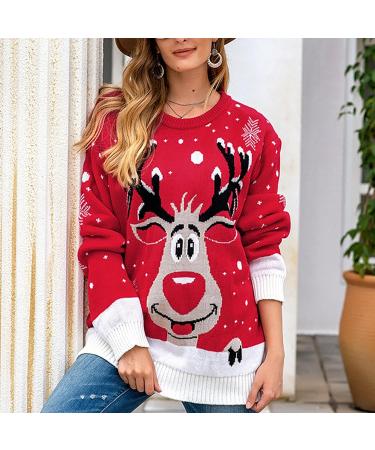Elegant Women's Christmas Sweater - Reindeer Knitting Pattern Round Arm Winter Knitwear - Size 11 Red - Buy Online on GoSupps.com