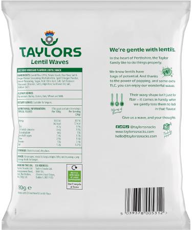 Lentil Crisps by Taylors Snacks | Sea Salt & Vinegar Lentil Waves | Vegan Snacks | Source of Protein | Air Popped Lentil Chips | Multipack 8 x 80g Bags - Buy Online on GoSupps.com