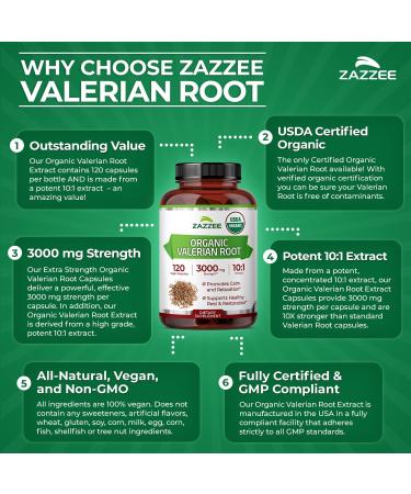Zazzee USDA Organic Valerian Root 10:1 Extract 3000 mg Strength 120 Vegan Capsules 4 Month Supply Valeriana officinalis 10X Potency 100% Vegetarian All-Natural Non-GMO Made in The USA - Buy Online on GoSupps.com