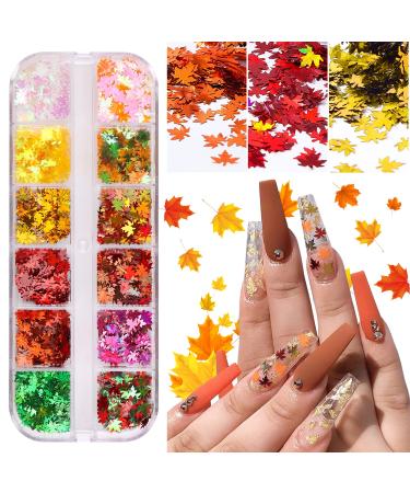 EBANKU 12 Colors 3D Fall Leaves Nail Art Glitter Sequins, Laser Sparkly Maple Leaf Nail Glitter Holographic Flakes Confetti Nail Sequins for Nail Art Glitter Decoration Resin Mold DIY