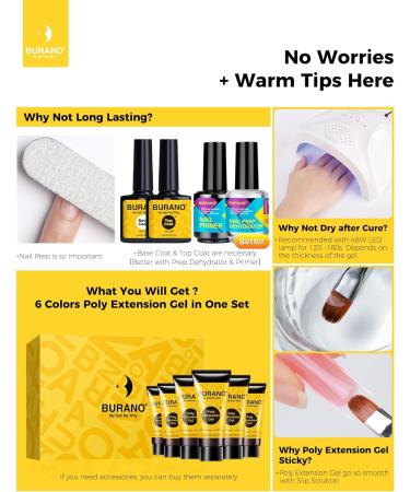 BURANO Poly Extension Gel Nail Kit - 6 Colors Builder Gel Set for DIY Nail Art - Nude Brown Shade - Ideal for Beginners & Professionals - Poly Nail Gel Starter Kit - Buy Online on GoSupps.com