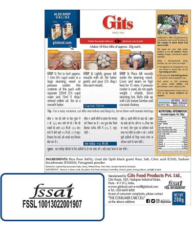 Gits Rice Idli Instant Breakfast Mix 200g - Made From Fermented Batter Of Rice & Lentil - A Traditional South Indian Breakfast -Makes 45 Idlis (Pack of 1) - Buy Online on GoSupps.com