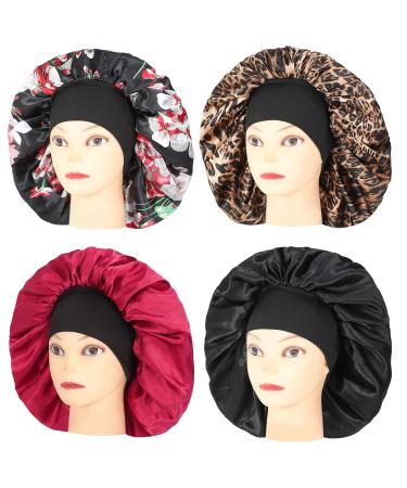 Xieklpwy 4 Pcs Large Satin Hair Bonnet for Sleeping, Wide Elastic Band Sleep Caps for Women, Adjustable Satin Cap for Sleeping, Night Sleeping Head Cover for Long Hair, Curly Hair