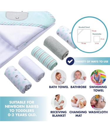 Mother's Choice Hooded Baby Towel with 5 Face Cloths | Lightweight Cotton Rich Absorbent Bath Towel for Newborn Boys and Girls | 75x75cm Cow Design - Buy Online on GoSupps.com